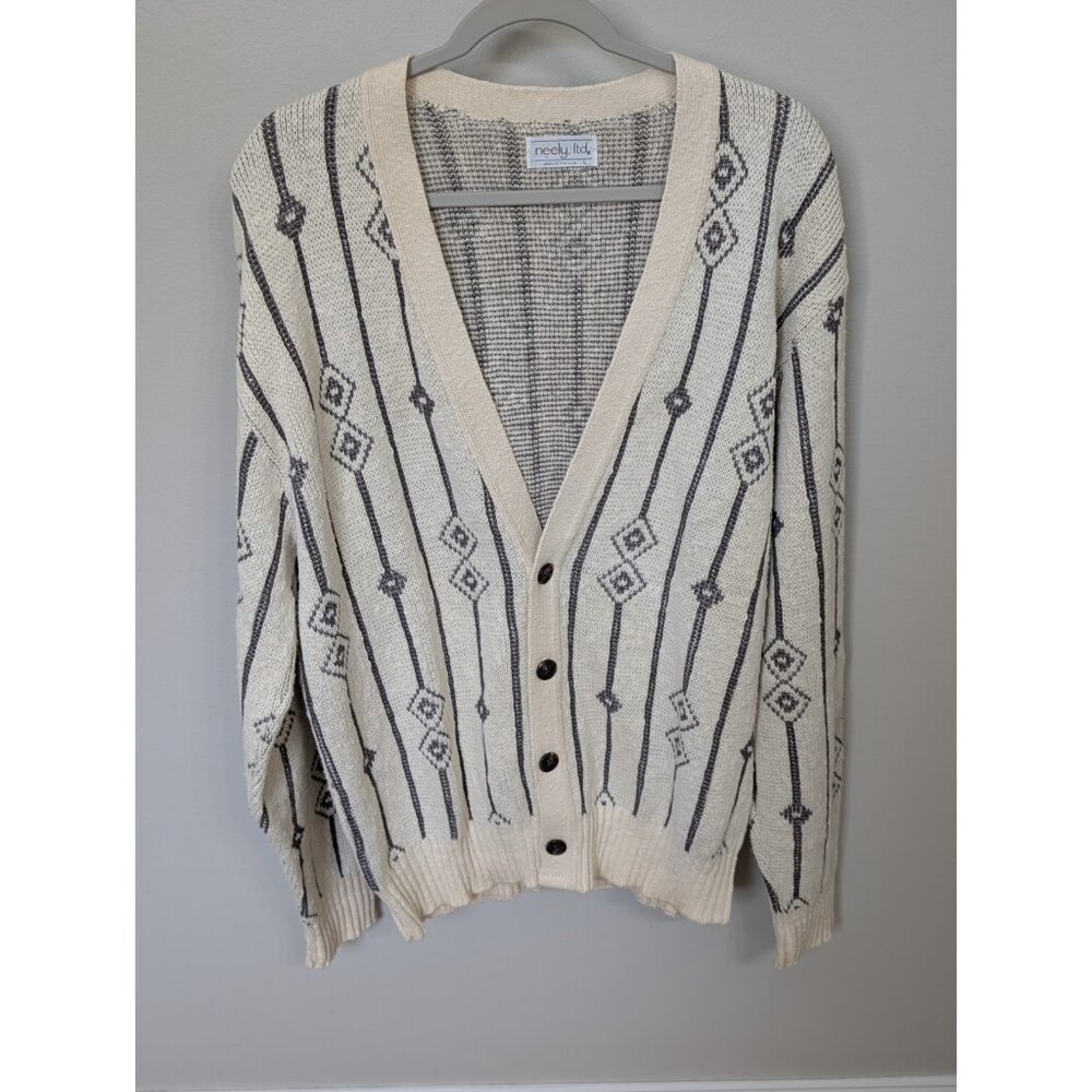 Vintage Mens L Neely Sweater Button Cardigan Cream Grey Geometric Aztec